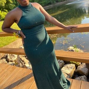 Sparkle High-Neck Formal Dress in Dark Green